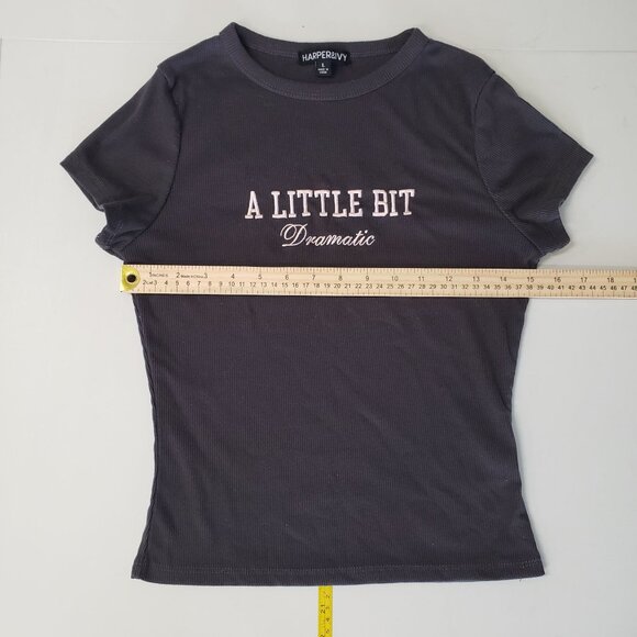 Harper & Ivy Juniors Size L Black A Little Bit Dramatic Ribbed Short Sleeve Top - Picture 3 of 6